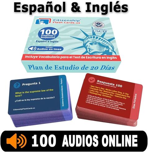 بطاقات فلاش المواطنة الأمريكية 2024 للدراسة من أجل اختبار المواطنة الأمريكية. Ciudadania Americana بالإسبانية والإنجليزية. 100 بطاقة فلاش تتضمن صوتيات عبر الإنترنت. USCIS 100 أسئلة وإجابات. in Saudi Arabia