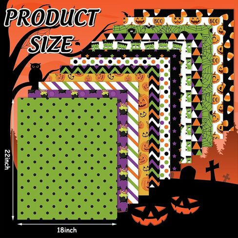 Whaline 12Pcs Halloween Cotton Fabric Bundles 18 x 22 Inch Spider Web Pumpkin Monster Fat Quarters Green Purple Black Orange Quilting Patchwork Squares Sewing Fabrics for DIY Craft Party Decor in Saudi Arabia