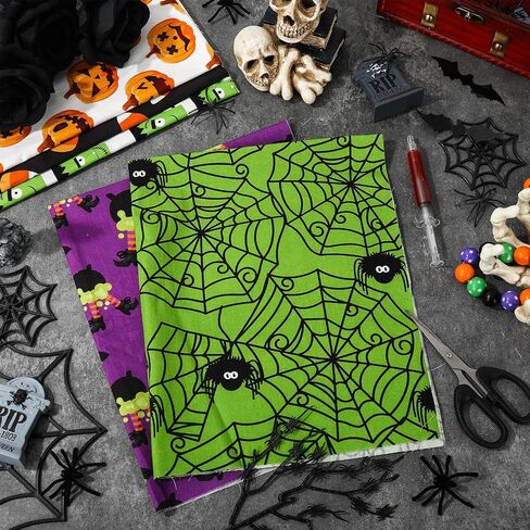 Whaline 12Pcs Halloween Cotton Fabric Bundles 18 x 22 Inch Spider Web Pumpkin Monster Fat Quarters Green Purple Black Orange Quilting Patchwork Squares Sewing Fabrics for DIY Craft Party Decor in Saudi Arabia