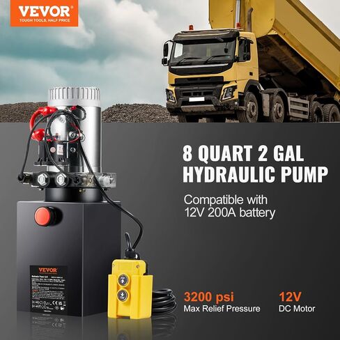 VEVOR Hydraulic Pump, 8 Quart Dump Trailer Pump, Single Acting Hydraulic Power Unit, 3200 PSI Max Relief Pressure, 0.91 GPM Flow Rate, Hydraulic Pump Power Unit for Dump Trailer Car Lifting in Saudi Arabia