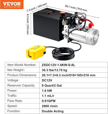 VEVOR Hydraulic Pump, 8 Quart Dump Trailer Pump, Single Acting Hydraulic Power Unit, 3200 PSI Max Relief Pressure, 0.91 GPM Flow Rate, Hydraulic Pump Power Unit for Dump Trailer Car Lifting in Saudi Arabia
