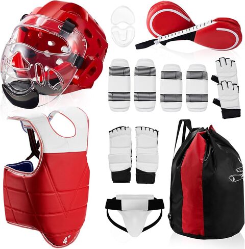 11 Pcs Taekwondo Sparring Gear Equipment Set of Head Guard Chest Guard Arm Guard Groin Guard Leg Guard Foot Protector Fighter Gloves and Bag with Mouth Guard 2 Kicking Target for Boys in Saudi Arabia
