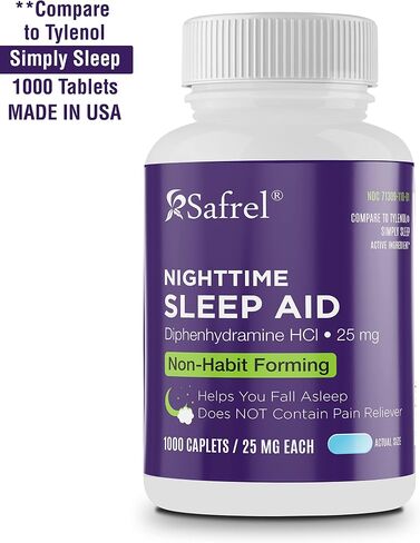 Safrel Nighttime Sleep Aid, Diphenhydramine HCl 25mg | Strong Non Habit-Forming Restful Sleeping Support for Men & Women | Fall Asleep Faster & Wake up Refreshed (100 Count (Pack of 1), 100, Count) in Saudi Arabia
