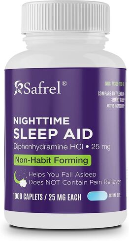Safrel Nighttime Sleep Aid, Diphenhydramine HCl 25mg | Strong Non Habit-Forming Restful Sleeping Support for Men & Women | Fall Asleep Faster & Wake up Refreshed (100 Count (Pack of 1), 100, Count) in Saudi Arabia