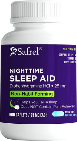 Safrel Nighttime Sleep Aid, Diphenhydramine HCl 25mg | Strong Non Habit-Forming Restful Sleeping Support for Men & Women | Fall Asleep Faster & Wake up Refreshed (100 Count (Pack of 1), 100, Count) in Saudi Arabia