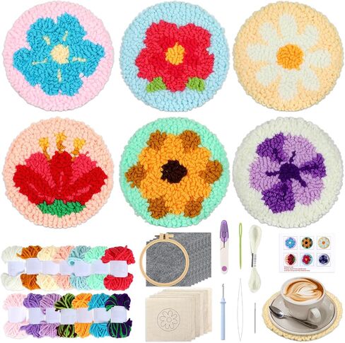 Punch Needle Coaster Kit للمبتدئين 6 أنماط تصاميم زهرة مجموعة إبرة التطريز مع طقم لاصقة من الغزل in Saudi Arabia