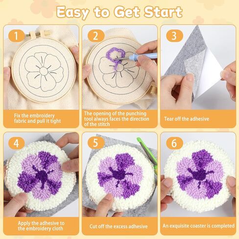 Punch Needle Coaster Kit للمبتدئين 6 أنماط تصاميم زهرة مجموعة إبرة التطريز مع طقم لاصقة من الغزل in Saudi Arabia