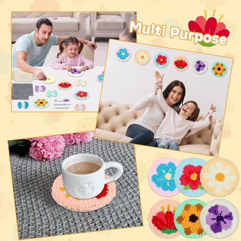 Punch Needle Coaster Kit للمبتدئين 6 أنماط تصاميم زهرة مجموعة إبرة التطريز مع طقم لاصقة من الغزل in Saudi Arabia