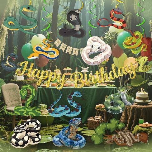 Reptile Birthday Party Decorations, Snake Birthday Banner Hanging Swirls Stickers, Reptile Snake Party Decorations for Boys Girls Animals Jungle Party Favors in Saudi Arabia