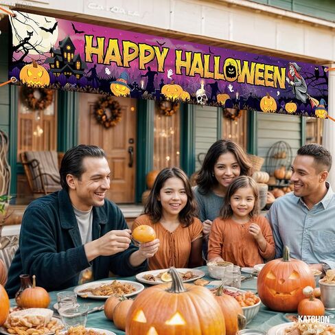 Katchon ، لافتات Happy Halloween لـ Outside - Xtralarge ، 120 × 20 بوصة | زخارف الحفلات الصيفية لزخارف الهالوين في الهواء الطلق | لافتة هالوين سعيدة الأرجواني للزخارف الصيفية in Saudi Arabia