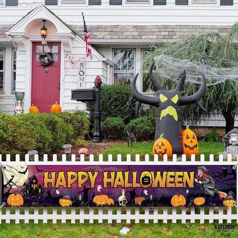 Katchon ، لافتات Happy Halloween لـ Outside - Xtralarge ، 120 × 20 بوصة | زخارف الحفلات الصيفية لزخارف الهالوين في الهواء الطلق | لافتة هالوين سعيدة الأرجواني للزخارف الصيفية in Saudi Arabia