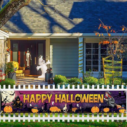 Katchon ، لافتات Happy Halloween لـ Outside - Xtralarge ، 120 × 20 بوصة | زخارف الحفلات الصيفية لزخارف الهالوين في الهواء الطلق | لافتة هالوين سعيدة الأرجواني للزخارف الصيفية in Saudi Arabia