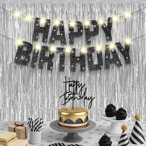 KatchOn, Black and Silver Birthday Decorations Set - Pack of 5 | Glitter Happy Birthday Banner, Silver Backdrop, Led Light, Cake Topper | Happy Birthday Decorations for Men, Women in Saudi Arabia