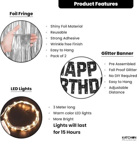 KatchOn, Black and Silver Birthday Decorations Set - Pack of 5 | Glitter Happy Birthday Banner, Silver Backdrop, Led Light, Cake Topper | Happy Birthday Decorations for Men, Women in Saudi Arabia