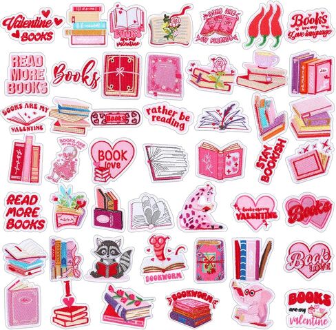 VioraWhite 48 Pcs Bookish Iron on Patches Pink Book Lover Bookworm Back to School Sew on Embroidery Applique Sewing Cookie Patches Book Club Reading Gifts for Clothing Jeans Hats DIY Craft Accessory in Saudi Arabia