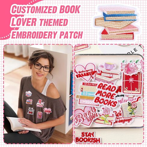 VioraWhite 48 Pcs Bookish Iron on Patches Pink Book Lover Bookworm Back to School Sew on Embroidery Applique Sewing Cookie Patches Book Club Reading Gifts for Clothing Jeans Hats DIY Craft Accessory in Saudi Arabia