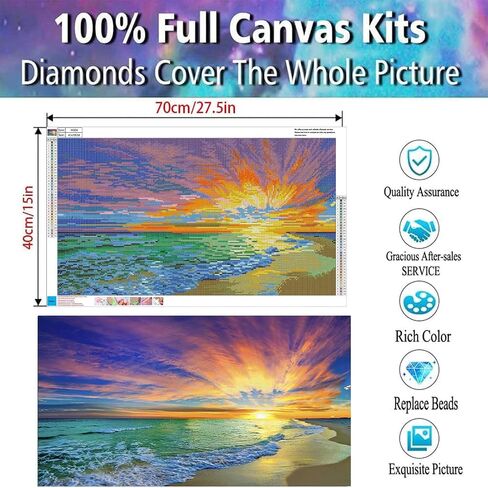 Diamond Painting Kits for Adults,Large Sunset Ocean Beach Diamond Art Painting for Beginners, Diamond Round 5D Full Drill Paint with Diamonds Pictures Gem Art Painting Kits DIY Crafts Kits 28X16in in Kuwait