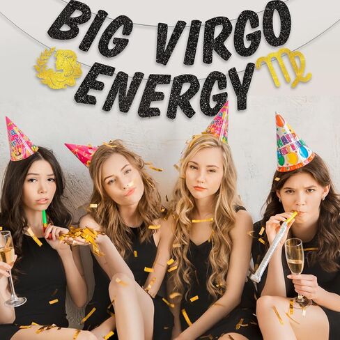 Big Virgo Energy Birthday Banner, August/September Birthday Party Décor, 12 Constellation Zodiac Virgo Bday Party Decorations, Astrology Bday Party Supplies（Black Gold） in Saudi Arabia