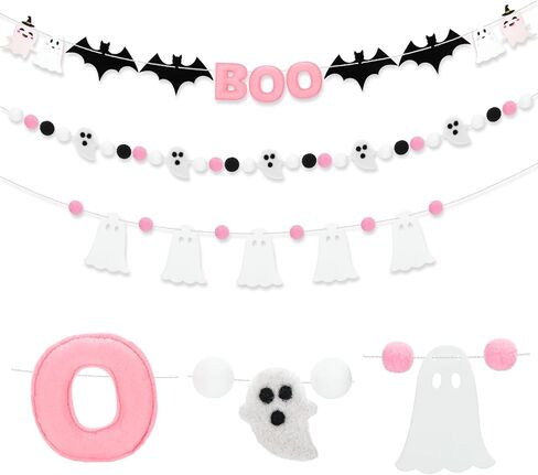 3 Pcs Pink and White Halloween Ghost Garland Banner, 9.83 ft Pink Boo Pre Strung Pom Pom Ball Banner Girly Halloween Party Decorations for Haunted Mansion Mantle Home Decor in Saudi Arabia