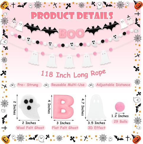 3 Pcs Pink and White Halloween Ghost Garland Banner, 9.83 ft Pink Boo Pre Strung Pom Pom Ball Banner Girly Halloween Party Decorations for Haunted Mansion Mantle Home Decor in Saudi Arabia