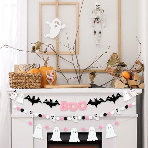 3 Pcs Pink and White Halloween Ghost Garland Banner, 9.83 ft Pink Boo Pre Strung Pom Pom Ball Banner Girly Halloween Party Decorations for Haunted Mansion Mantle Home Decor in Saudi Arabia
