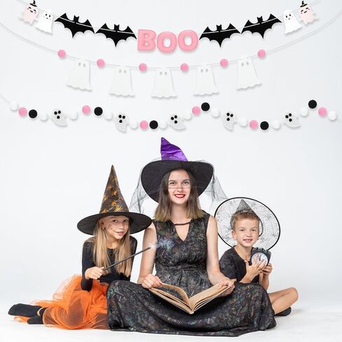 3 Pcs Pink and White Halloween Ghost Garland Banner, 9.83 ft Pink Boo Pre Strung Pom Pom Ball Banner Girly Halloween Party Decorations for Haunted Mansion Mantle Home Decor in Saudi Arabia