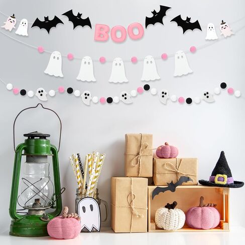 3 Pcs Pink and White Halloween Ghost Garland Banner, 9.83 ft Pink Boo Pre Strung Pom Pom Ball Banner Girly Halloween Party Decorations for Haunted Mansion Mantle Home Decor in Saudi Arabia