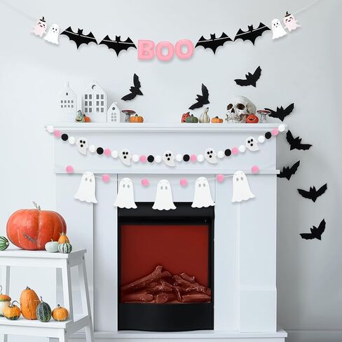 3 Pcs Pink and White Halloween Ghost Garland Banner, 9.83 ft Pink Boo Pre Strung Pom Pom Ball Banner Girly Halloween Party Decorations for Haunted Mansion Mantle Home Decor in Saudi Arabia