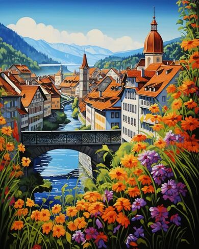 OKSGYTA Switzerland Town Paint by Numbers Kit for Adults, Vintage Landscape Paint by Number on Canvas, Scenery Digital Oil Painting Kits Suitable for Home Wall Decoration Gift 20"x16" in Saudi Arabia