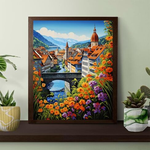 OKSGYTA Switzerland Town Paint by Numbers Kit for Adults, Vintage Landscape Paint by Number on Canvas, Scenery Digital Oil Painting Kits Suitable for Home Wall Decoration Gift 20"x16" in Saudi Arabia