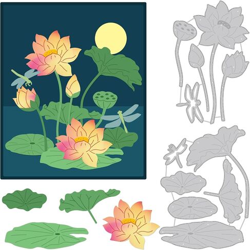 BENECREAT 2pcs Lotus Cutting Dies, Water Lily Lotus Leaf Dragonfly Carbon Steel Embossing Stencils Templates for Scrapbooking, Album Photo, Card Making, 0.8mm Thick in Saudi Arabia