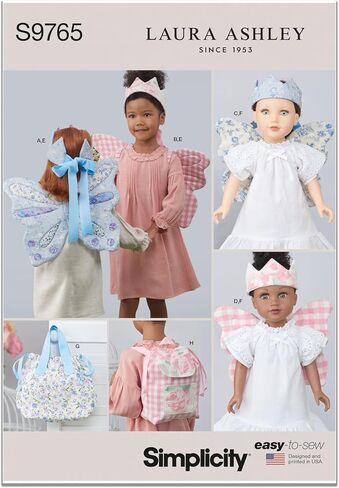 Simplicity Children's, Tote, and Backpack Plus Wings and Crown Plush Animals Sewing Pattern Packet by Laura Ashley, Code S9765, for Child's Sizes S-M-L and 18" Dolls, Multicolor in Saudi Arabia