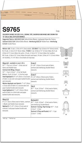 Simplicity Children's, Tote, and Backpack Plus Wings and Crown Plush Animals Sewing Pattern Packet by Laura Ashley, Code S9765, for Child's Sizes S-M-L and 18" Dolls, Multicolor in Saudi Arabia