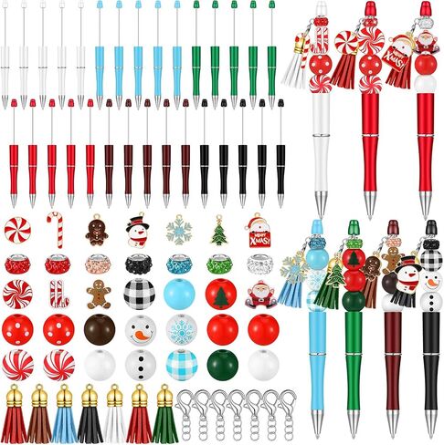 14 Set Christmas Beadable Pens Xmas DIY Plastic Bead Pens Snowmen Santa Ballpoint Pen Black Ink with Rhinestone Beads Wooden Pendants for Gifts Supplies in Saudi Arabia