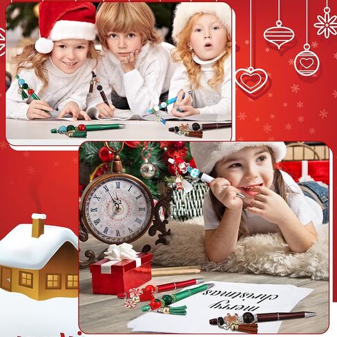 14 Set Christmas Beadable Pens Xmas DIY Plastic Bead Pens Snowmen Santa Ballpoint Pen Black Ink with Rhinestone Beads Wooden Pendants for Gifts Supplies in Saudi Arabia