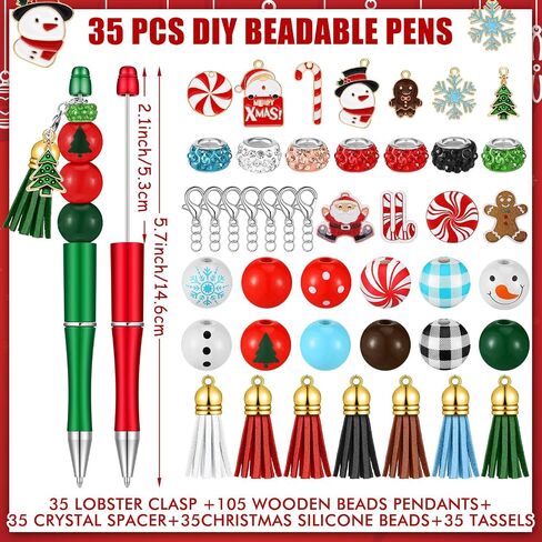 14 Set Christmas Beadable Pens Xmas DIY Plastic Bead Pens Snowmen Santa Ballpoint Pen Black Ink with Rhinestone Beads Wooden Pendants for Gifts Supplies in Saudi Arabia