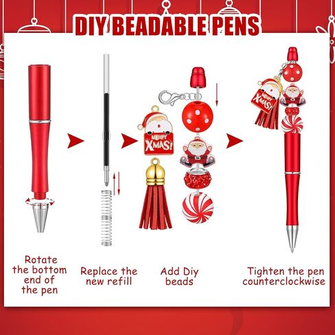 14 Set Christmas Beadable Pens Xmas DIY Plastic Bead Pens Snowmen Santa Ballpoint Pen Black Ink with Rhinestone Beads Wooden Pendants for Gifts Supplies in Saudi Arabia