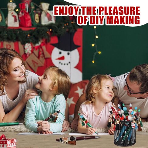 14 Set Christmas Beadable Pens Xmas DIY Plastic Bead Pens Snowmen Santa Ballpoint Pen Black Ink with Rhinestone Beads Wooden Pendants for Gifts Supplies in Saudi Arabia