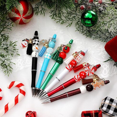 14 Set Christmas Beadable Pens Xmas DIY Plastic Bead Pens Snowmen Santa Ballpoint Pen Black Ink with Rhinestone Beads Wooden Pendants for Gifts Supplies in Saudi Arabia