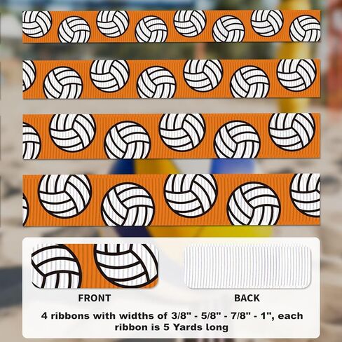 Grosgrain Volleyball Ribbon - 4 Widths (3/8 "، 5/8" ، 7/8 "، 1") ، 5 ياردة لكل منهما ، نمط رياضي - مثالي لأقواس الشعر ، التشجيع ، هدايا الفريق ، صياغة DIY ، غلاف الهدايا (البرتقالي) in Kuwait
