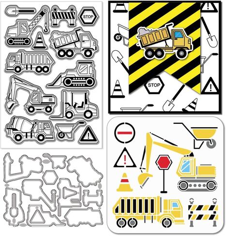 GLOBLELAND Engineering Vehicle Clear Stamps Cutting Dies PET Painting Stencils for Card Making Warning Signs Silicone Stamp Metal Trolley Die Cuts PET Paint Stencils for DIY Scrapbooking in Saudi Arabia