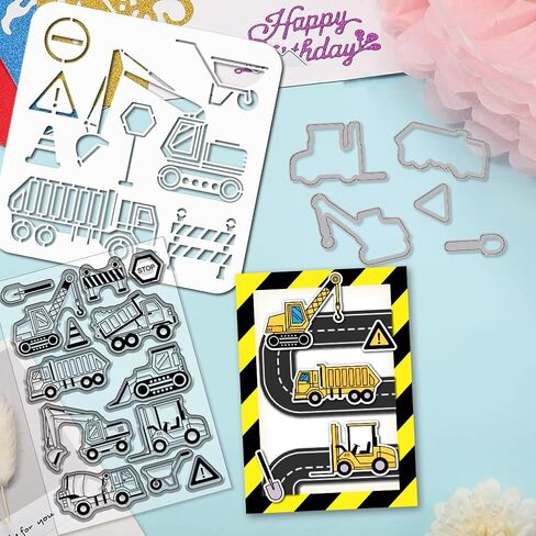 GLOBLELAND Engineering Vehicle Clear Stamps Cutting Dies PET Painting Stencils for Card Making Warning Signs Silicone Stamp Metal Trolley Die Cuts PET Paint Stencils for DIY Scrapbooking in Saudi Arabia
