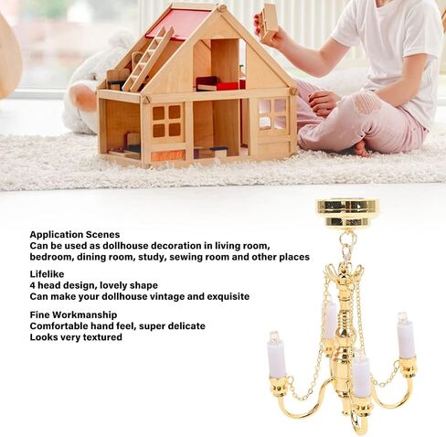 Dollhouse Chandelier, 1/12 Scaled Battery Operated Lifelike 4 Heads Miniature Ceiling Light Gold in Saudi Arabia