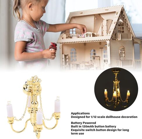 Dollhouse Chandelier, 1/12 Scaled Battery Operated Lifelike 4 Heads Miniature Ceiling Light Gold in Saudi Arabia