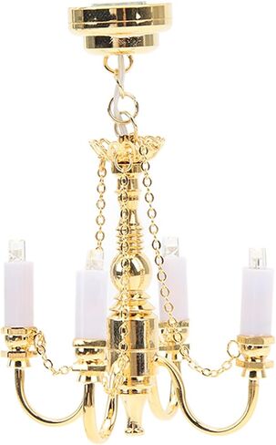Dollhouse Chandelier, 1/12 Scaled Battery Operated Lifelike 4 Heads Miniature Ceiling Light Gold in Saudi Arabia