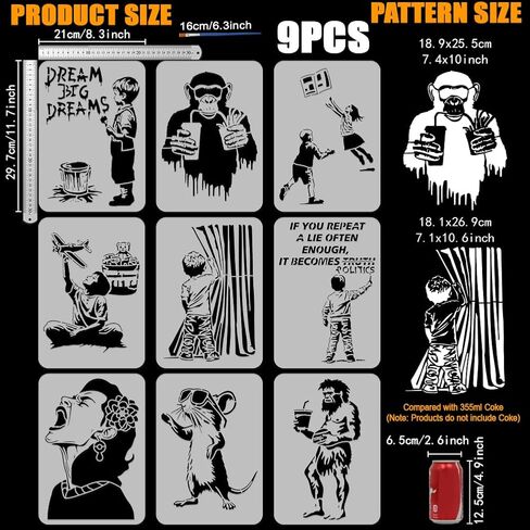 Fingerinspire 9 PCS Panky Painting Stencil مع فرشاة 8.3x11.7inch النظارات الشمسية الفئران Graffiti Boy Monkey الوجبات السريعة التي تصطاد الكتب لعبة الرسم in Kuwait