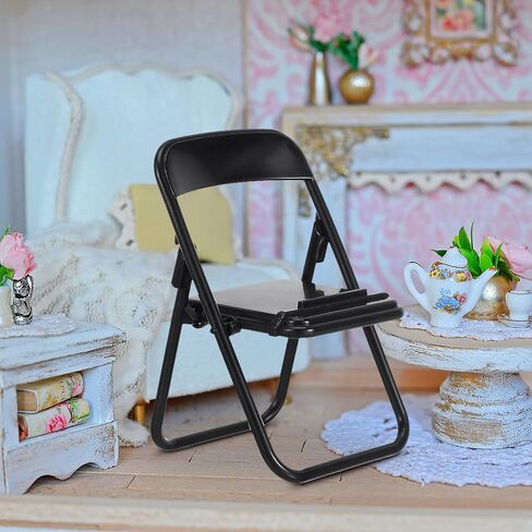TOYANDONA 12pcs Dollhouse Folding Chairs - Black Mini Folding Chair Cell Phone Stand Holder for Desk 1/6 Scale Dollhouse Furniture Decorations in Saudi Arabia