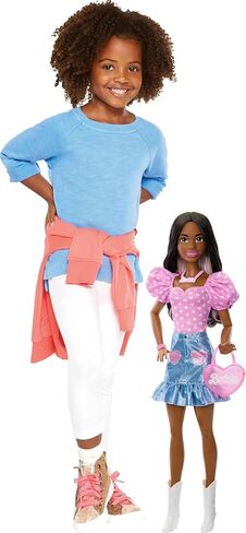 Barbie 28-in Dark Brown Hair Fashion Doll with Removable Fashions, Pink Top, Denim Skirt, & Cowboy Boots, Necklace, Glasses and Purse Accessory in Saudi Arabia