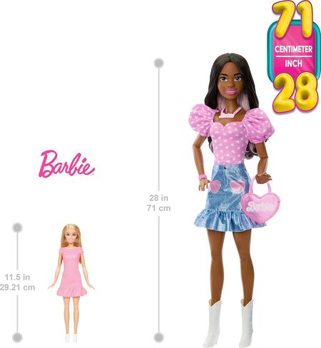 Barbie 28-in Dark Brown Hair Fashion Doll with Removable Fashions, Pink Top, Denim Skirt, & Cowboy Boots, Necklace, Glasses and Purse Accessory in Saudi Arabia