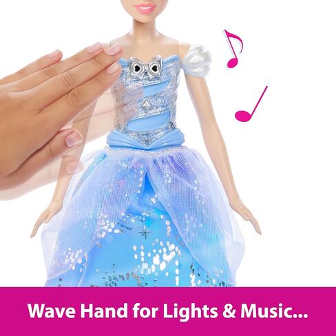 Mattel Disney Princess Cinderella Light Up Dress Fashion Doll with Sounds and Magic Wand Activation ، Ballgown Cinderella المستوحى من الفيلم in Kuwait